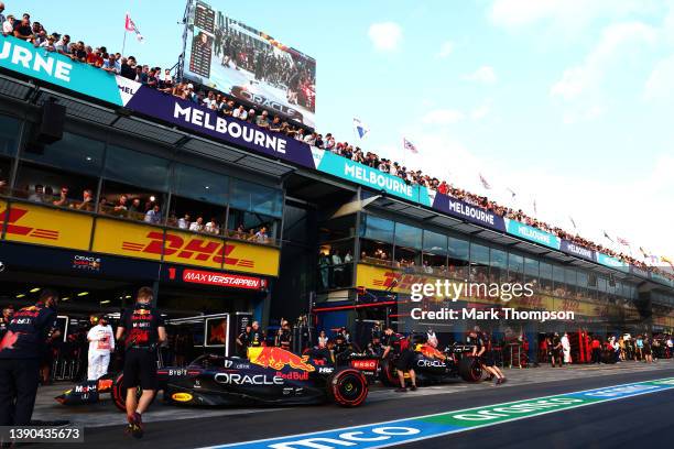 General view of the pitlane as Max Verstappen of the Netherlands driving the Oracle Red Bull Racing RB18 and Sergio Perez of Mexico driving the...