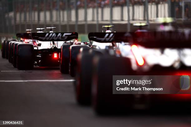 General view as the cars line up in the Pitlane during qualifying ahead of the F1 Grand Prix of Australia at Melbourne Grand Prix Circuit on April...