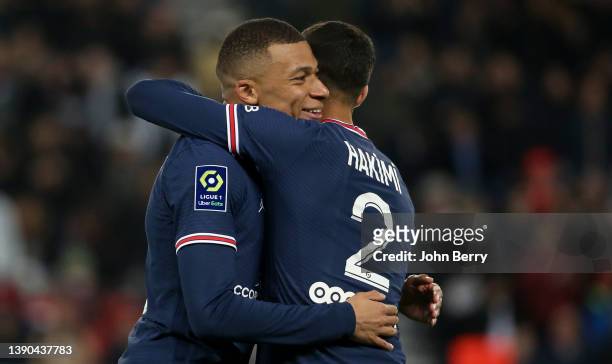 Kylian Mbappe of PSG celebrates his goal with Achraf Hakimi of PSG during the Ligue 1 Uber Eats match between Paris Saint Germain and FC Lorient at...