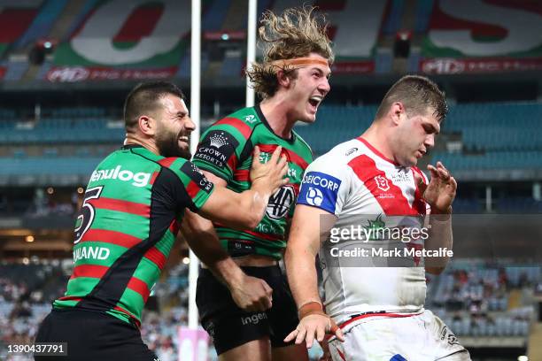Campbell Graham of the Rabbitohs celebrates after scoring a try during the round five NRL match between the South Sydney Rabbitohs and the St George...