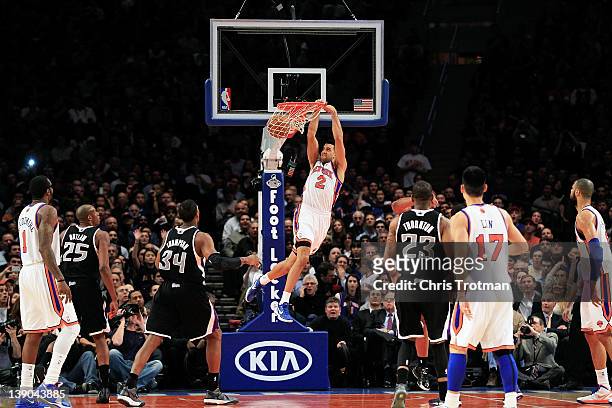 Landry Fields of the New York Knicks dunks the ball against the Sacramento Kings at Madison Square Garden on February 15, 2012 in New York City. NOTE...