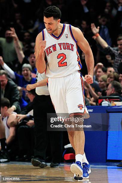 Landry Fields of the New York Knicks reacts after a three point shot from his teammate Steve Novak of the New York Knicks against the Sacramento...