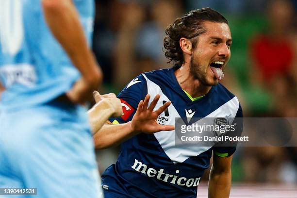 Marco Rojas of the Victory celebrates kicking a goal during the A-League Mens match between Melbourne Victory and Melbourne City at AAMI Park, on...