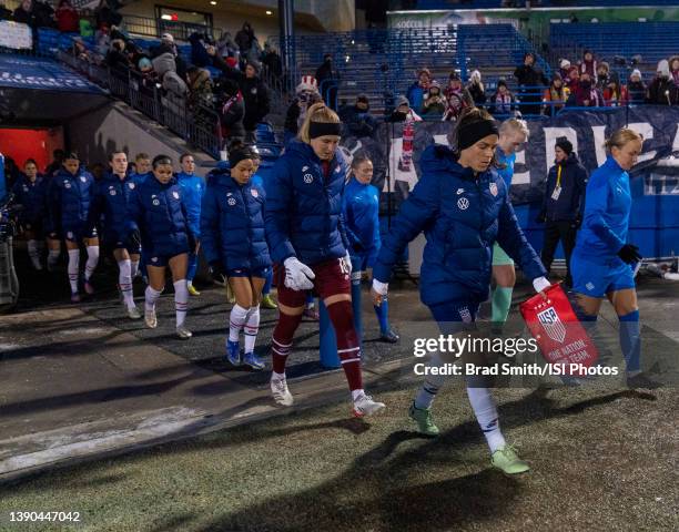Kelley O"u2019Hara of the United States enters the field before a game between Iceland and USWNT at Toyota Stadium on February 23, 2022 in Frisco,...