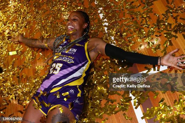 Tiffany Mitchell of the Boomers celebrates winning the WNBL Championship 21/22 during game three of the WNBL Grand Final series between Melbourne...