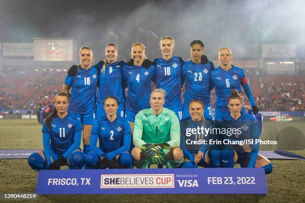Iceland Women"u2019s National team starting eleven before a game between Iceland and USWNT at Toyota Stadium on February 23, 2022 in Frisco, Texas.