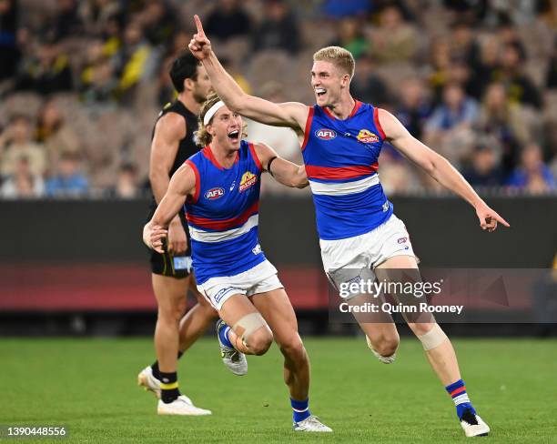 Tim English of the Bulldogs celebrates kicking a goal during the round four AFL match between the Richmond Tigers and the Western Bulldogs at...