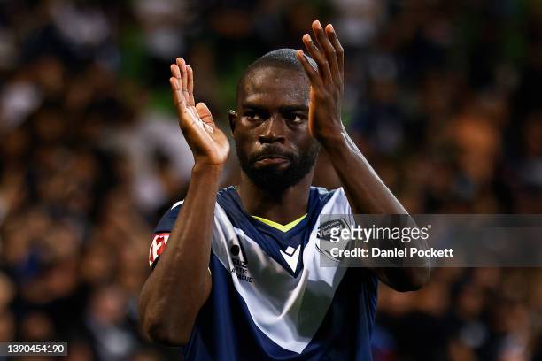 Jason Geria of the Victory celebrates winning the A-League Mens match between Melbourne Victory and Melbourne City at AAMI Park, on April 09 in...