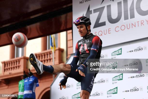 Geraint Thomas of United Kingdom and Team INEOS Grenadiers hits a ruby ​​ball during the team presentation prior to the 61st Itzulia Basque Country...