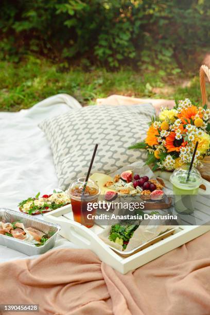 picknick im französischen stil im freien mit käse, obst und getränken. leerzeichen kopieren. - picknick stock-fotos und bilder