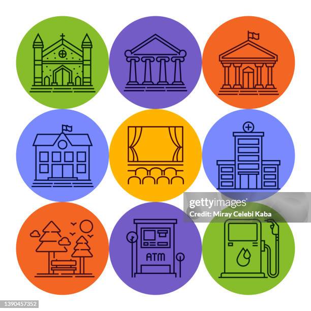 ilustraciones, imágenes clip art, dibujos animados e iconos de stock de conjunto de iconos de línea de elementos de la ciudad - town hall square