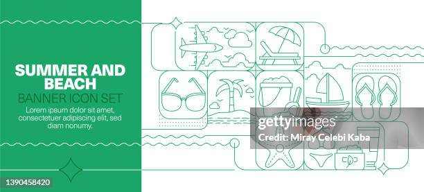summer and beach line icon set and banner design - tent stock illustrations stock illustrations