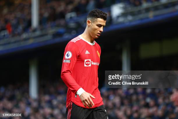 Cristiano Ronaldo of Manchester United reacts during the Premier League match between Everton and Manchester United at Goodison Park on April 09,...