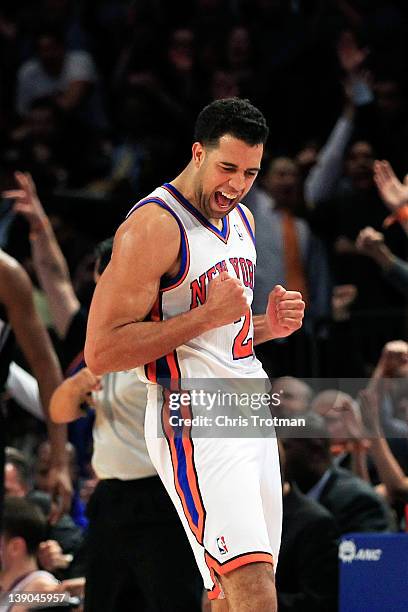 Landry Fields of the New York Knicks reacts after a three point shot from his teammate Steve Novak of the New York Knicks against the Sacramento...