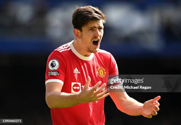 Harry Maguire of Manchester United reacts during the Premier League match between Everton and Manchester United at Goodison Park on April 09, 2022 in...