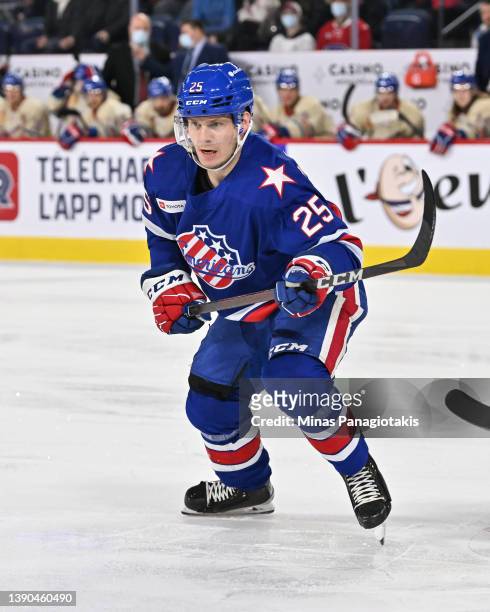 Arttu Ruotsalainen of the Rochester Americans skates against the Laval Rocket during the first period at Place Bell on April 8, 2022 in Laval,...