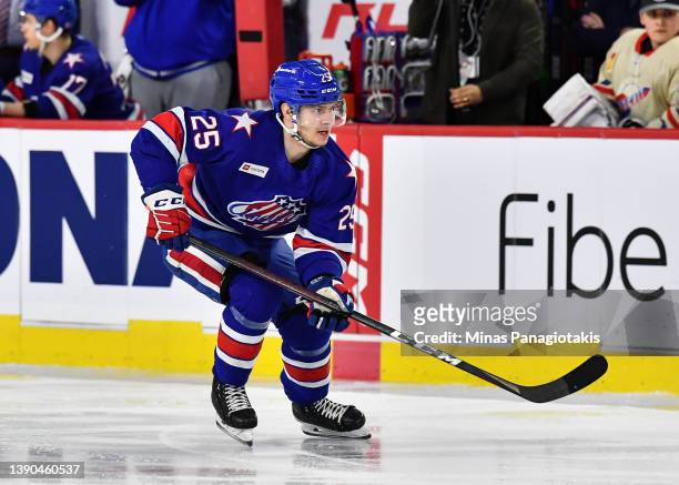 Arttu Ruotsalainen of the Rochester Americans skates against the Laval Rocket during the first period at Place Bell on April 8, 2022 in Laval,...