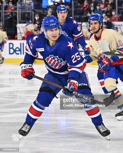 Arttu Ruotsalainen of the Rochester Americans skates against the Laval Rocket during the second period at Place Bell on April 8, 2022 in Laval,...