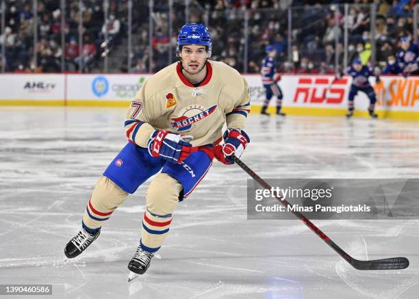 Louie Belpedio of the Laval Rocket skates against the Rochester Americans during the third period at Place Bell on April 8, 2022 in Laval, Canada....