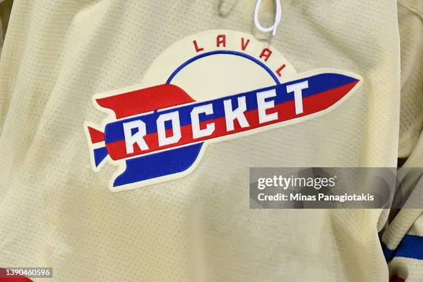 Detailed view of the Laval Rocket logo on a jersey during the second period against the Rochester Americans at Place Bell on April 8, 2022 in Laval,...