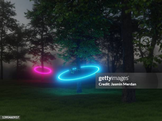 blue and pink neon circle lights between trees - neon circle stock pictures, royalty-free photos & images