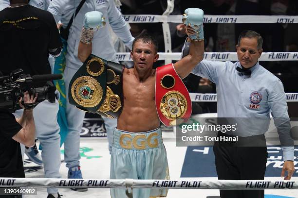 Gennady Golovkin of Kazakhstan celebrate after defeating Ryota Murata of Japan during their IBF & WBA Middleweight title bout on April 09, 2022 in...