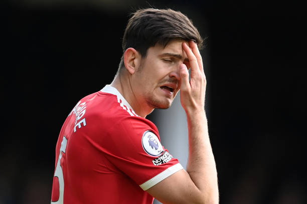 Harry Maguire of Manchester United reacts during the Premier League match between Everton and Manchester United at Goodison Park on April 09, 2022 in...