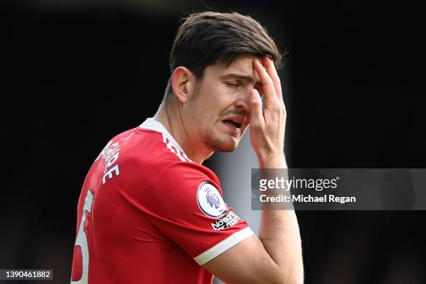 Harry Maguire of Manchester United reacts during the Premier League match between Everton and Manchester United at Goodison Park on April 09, 2022 in...