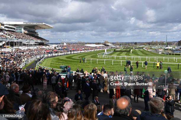 General view as racegoers enjoy the atmosphere prior to the EFT Construction Handicap Hurdle race during Aintree Races at Aintree Racecourse on April...