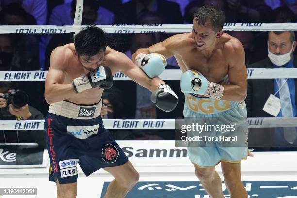 Gennady Golovkin of Kazakhstan punches Ryota Murata of Japan during their IBF & WBA Middleweight title bout on April 09, 2022 in Saitama, Japan.