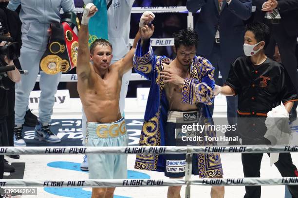 Gennady Golovkin of Kazakhstan and Ryota Murata of Japan praise each other after their IBF & WBA Middleweight title bout on April 09, 2022 in...
