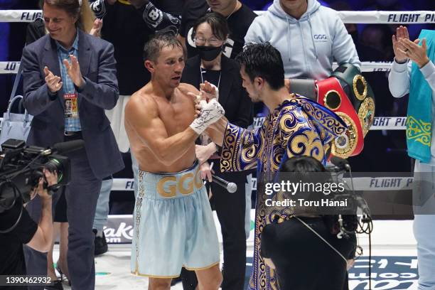 Gennady Golovkin of Kazakhstan and Ryota Murata of Japan praise each other after their IBF & WBA Middleweight title bout on April 09, 2022 in...