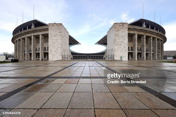 General view outside the stadium prior to the Bundesliga match between Hertha BSC and 1. FC Union Berlin at Olympiastadion on April 09, 2022 in...