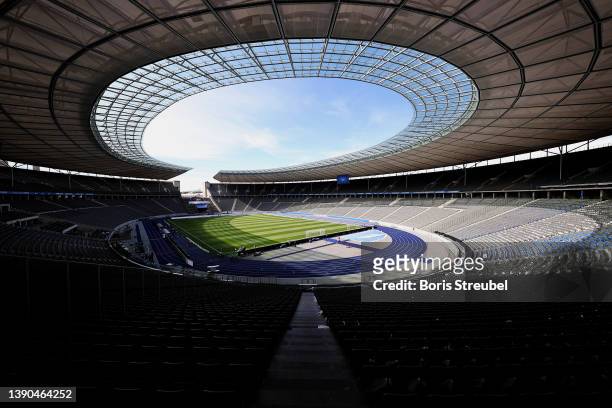 General view of Olympiastadion prior to the Bundesliga match between Hertha BSC and 1. FC Union Berlin at Olympiastadion on April 09, 2022 in Berlin,...