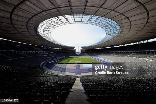 General view inside the stadium prior to the Bundesliga match between Hertha BSC and 1. FC Union Berlin at Olympiastadion on April 09, 2022 in...