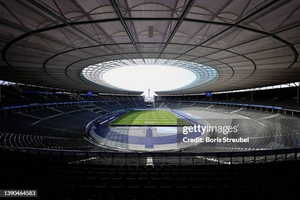 General view inside the stadium prior to the Bundesliga match between Hertha BSC and 1. FC Union Berlin at Olympiastadion on April 09, 2022 in...