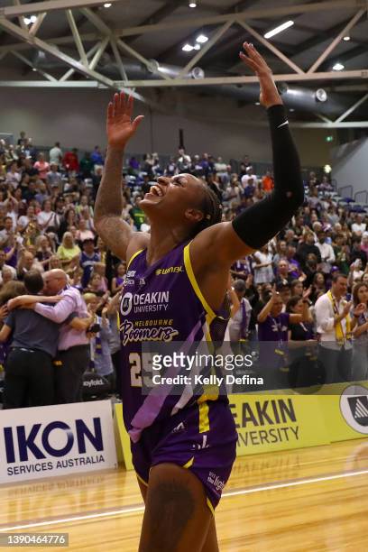 Tiffany Mitchell of the Boomers celebrates winning the WNBL Championship 21/22 during game three of the WNBL Grand Final series between Melbourne...