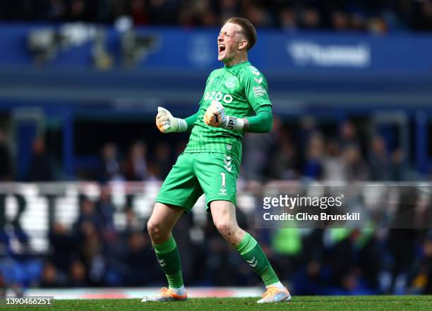 Jordan Pickford of Everton celebrates after their sides victory during the Premier League match between Everton and Manchester United at Goodison...