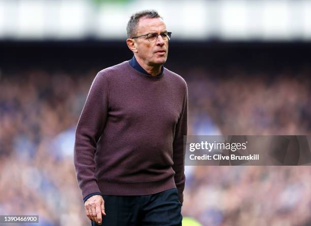 Ralf Rangnick, Interim Manager of Manchester United looks dejected following their side's defeat in the Premier League match between Everton and...