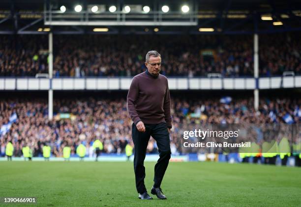 Ralf Rangnick, Interim Manager of Manchester United looks dejected following their side's defeat in the Premier League match between Everton and...