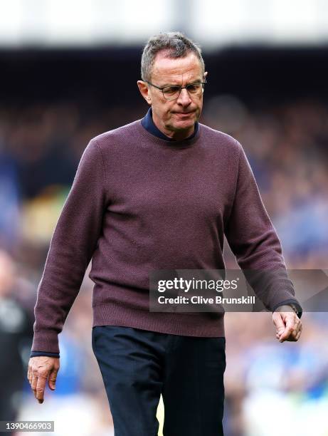 Ralf Rangnick, Interim Manager of Manchester United looks dejected following their side's defeat in the Premier League match between Everton and...