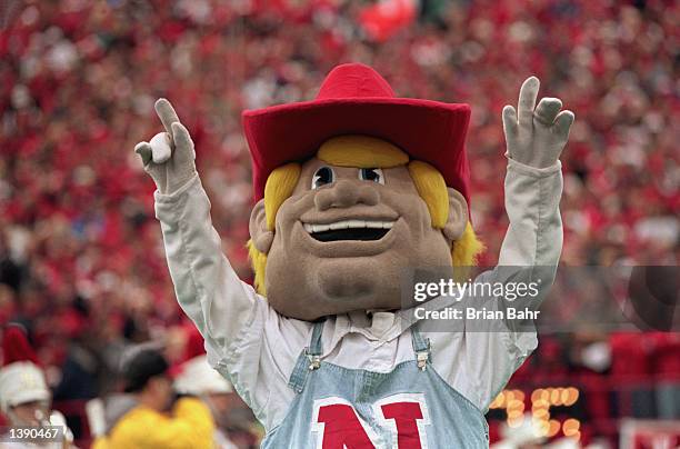 View of the cornhusker mascot as he cheers during the game between the Texas Longhorns and The Nebraske Cornhuskers on October 31,1998 at Memorial...