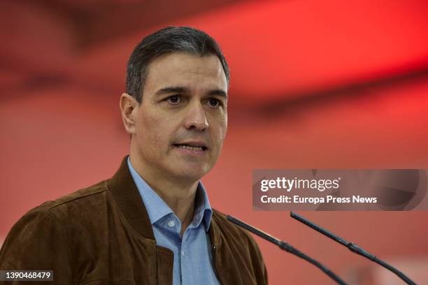 The President of the Government, Pedro Sanchez, speaks at a PSOE event at the Espacio Rastro in Madrid, on April 9 in Madrid, Spain. The national and...