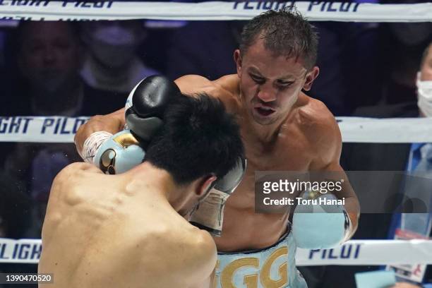 Gennady Golovkin of Kazakhstan punches Ryota Murata of Japan during their IBF & WBA Middleweight title bout on April 09, 2022 in Saitama, Japan.