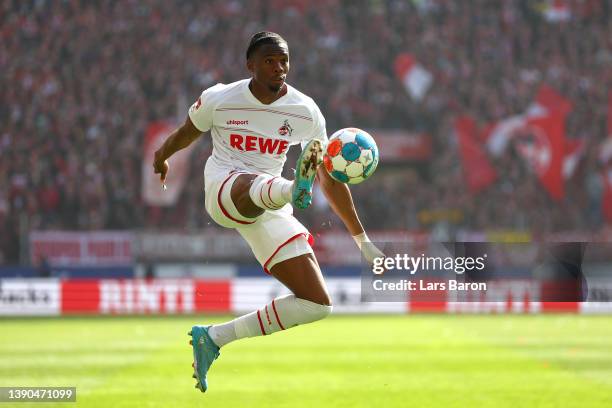 Kingsley Ehizibue of 1.FC Koeln controls the ball during the Bundesliga match between 1. FC Koeln and 1. FSV Mainz 05 at RheinEnergieStadion on April...