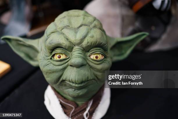 Model of the Star Wars character Yoda is displayed on the first day of the Scarborough Sci-Fi weekend at the seafront Spa Complex on April 09, 2022...