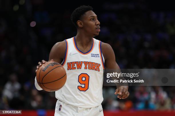 Barrett of the New York Knicks in action against the Washington Wizards during the first half at Capital One Arena on April 08, 2022 in Washington,...