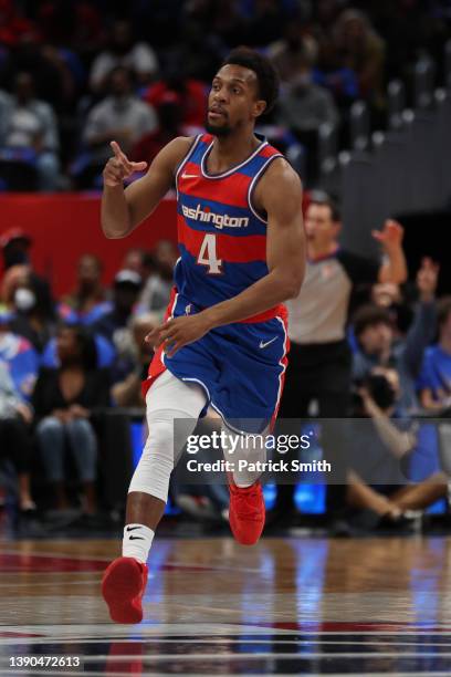 Ish Smith of the Washington Wizards celebrates against the New York Knicks during the first half at Capital One Arena on April 08, 2022 in...