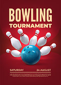 Bowling tournament. Realistic 3D sport tournament elements with skittles and bowling ball. Vector poster template