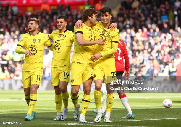 Marcos Alonso of Chelsea celebrates after scoring their side's first goal with Kai Havertz during the Premier League match between Southampton and...